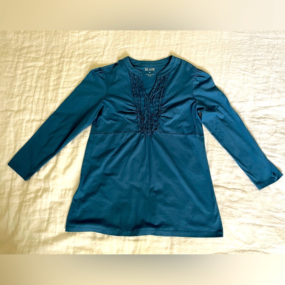 Blair Women's Tunic Top Blue Dark Turquoise Ruffle Front Medium